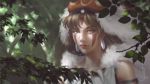  1girl blurry blurry_foreground branch brown_hair dao_dao depth_of_field earrings facial_mark forest green_eyes hat jewelry looking_at_viewer mononoke_hime nature red_headwear red_lips san signature solo upper_body 