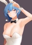  1girl animal_ears arm_at_side arm_up armpits bad_proportions blue_hair bow bowtie breasts bunny_ears cleavage detached_collar eleonora_(sennen_sensou_aigis) fake_animal_ears grey_background hand_up highres leotard looking_at_viewer medium_breasts mizuki_eiru_(akagi_kurage) mole mole_under_eye purple_eyes sennen_sensou_aigis short_hair simple_background smile solo upper_body white_leotard wrist_cuffs 