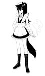  1girl alternate_costume alternate_hairstyle animal_ears apron arknights boots cat_ears cat_tail cigarette closed_mouth cross-laced_footwear expressionless full_body greyscale highres honeybat knee_boots lace-up_boots looking_at_viewer maid maid_apron maid_headdress monochrome sketch sleeveless smoking solo tail texas_(arknights) wrist_cuffs 