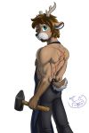  2:3 absurd_res alpha_channel anthro brown_hair cervid cervine clothed clothing elk fur hair hammer heterochromia hi_res horn male mammal mason_hamrell scar tan_body tan_fur tools uberquest webcomic 