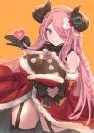  1girl bangs bare_shoulders black_gloves black_legwear blue_eyes blush braid breasts closed_mouth draph dress fur-trimmed_dress garter_straps gloves granblue_fantasy hair_over_one_eye heart highres jewelry large_breasts lavender_hair long_hair long_sleeves looking_at_viewer mistletoe narmaya_(granblue_fantasy) pendant pointy_ears red_dress renzu_(lens_02) sash simple_background single_braid smile snowman_hair_ornament solo thighhighs thighs wide_sleeves 