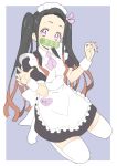  1girl absurdres alternate_costume apron black_dress black_hair bow bowtie brown_hair donguri_suzume dress enmaided fingernails hair_bow hands_up heart highres kamado_nezuko kimetsu_no_yaiba kneeling looking_at_viewer maid maid_apron mouth_hold multicolored_hair pink_bow pink_neckwear puffy_short_sleeves puffy_sleeves purple_background purple_eyes red_nails short_sleeves simple_background solo thighhighs twintails two-tone_hair white_apron white_legwear wrist_cuffs 