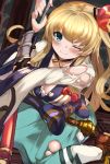  1girl absurdres blonde_hair blue_eyes bow breasts bridal_gauntlets defeat granblue_fantasy highres katana long_hair maou_(maoudaisukiya) mirin_(granblue_fantasy) one_eye_closed sitting sword tears torn_clothes wariza weapon 