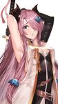  1girl armpits black_sleeves blue_eyes breasts cleavage detached_sleeves granblue_fantasy hair_over_one_eye highres holding holding_sword holding_weapon horns ikusaneko long_hair long_sleeves looking_at_viewer medium_breasts narmaya_(granblue_fantasy) open_mouth pink_hair pointy_ears shiny shiny_hair sideboob simple_background solo sword upper_body very_long_hair weapon white_background 