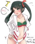  1girl 2018 bikini blush breasts character_request dated giraffe_(ilconte) green_eyes green_hair highres jacket jacket_over_swimsuit kantai_collection looking_away mikuma_(kantai_collection) navel red_ribbon ribbon see-through small_breasts solo surprised swimsuit twintails twitter_username wet wet_clothes white_background 