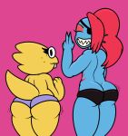  alphys anthro blue_body blue_scales bodily_fluids buckteeth clothed clothing duo eye_patch eyes_closed eyeshadow eyewear female fish gesture glasses grin hair hi_res looking_at_viewer looking_back makeup marine mr.under nervous panties ponytail rear_view red_hair reptile scales scalie sharp_teeth skimpy smile sweat teeth thick_tail thick_thighs topless undertale underwear undyne v_sign video_games wide_hips yellow_body yellow_scales 