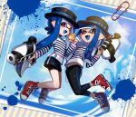  2girls :d ;d bangs bike_shorts black_headwear black_legwear black_shorts black_skirt blue_hair blue_ribbon blue_sky blue_tongue blunt_bangs blunt_ends boater_hat brown_eyes cloud cloudy_sky commentary cross-laced_footwear day domino_mask fang hat hat_ribbon highres holding holding_weapon inkling jumping leggings legs_up long_hair long_sleeves looking_at_viewer mask miniskirt multiple_girls nou one_eye_closed open_mouth paint_splatter photo_(object) pointy_ears purple_eyes red_footwear ribbon rubber_duck shirt shoes shorts shorts_under_skirt single_vertical_stripe skin_fang skirt sky smile sneakers splatoon_(series) splatoon_2 splattershot_(splatoon) striped striped_shirt tentacle_hair twintails weapon white_shirt 