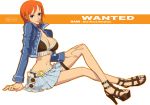  belt blue_skirt breasts brown_eyes brown_hair cleavage cropped_jacket english_text full_body high_heels light_blue_skirt looking_at_viewer medium_hair midriff miniskirt nami_(one_piece) navel one_piece orange_hair pleated_skirt q-bit simple_background skirt smile solo white_background 
