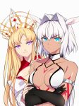  2girls animal_ears aqua_eyes armlet black_gloves blonde_hair body_markings breasts caenis_(fate) can&#039;t_be_this_cute cleavage commentary_request crossed_arms dark_skin elbow_gloves europa_(fate/grand_order) fate/grand_order fate_(series) gloves hair_intakes large_breasts long_hair multiple_girls purple_eyes pursed_lips seino_kuru simple_background smile tattoo upper_body white_bikini_top 