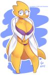  alphys anthro belly big_breasts big_tail blush bra breasts buckteeth chubby_female clothed clothing coat embarrassed eyewear female front_view glasses hi_res lab_coat looking_at_viewer nervous non-mammal_breasts panties partially_clothed reptile rizkitsuneki scales scalie skimpy slightly_chubby solo standing teeth thick_tail thick_thighs topwear undertale underwear video_games wide_eyed wide_hips yellow_body yellow_scales 