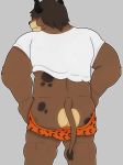  2020 absurd_res anthro bovid bovine brown_body brown_hair butt cattle chester_(extracurricular_activities) clothing doodle_box ear_piercing extracurricular_activities hair hi_res horn male mammal muscular muscular_male piercing smile solo topwear torso_shot underwear underwear_pull 