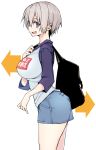  10mo 1girl :d arrow ass bag bangs black_bag breasts curvy denim denim_shorts eyebrows_visible_through_hair fang grey_hair handbag highres hood hoodie large_breasts no_legwear open_mouth purple_eyes short_hair shorts simple_background smile solo standing uzaki-chan_wa_asobitai! uzaki_hana white_background white_hoodie 