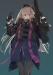  1girl black_legwear blue_background blue_eyes cellphone commentary_request eyebrows_visible_through_hair flip_phone girls_frontline gloves gun heterochromia highres holding holding_weapon long_hair looking_at_viewer mdr_(girls_frontline) multicolored_hair open_mouth pantyhose phone pink_eyes platinum_blonde_hair red_hair rotalasp solo weapon white_gloves 