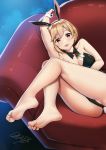  1girl :p aiba_yumi animal_ears arm_up armpits bangs bare_shoulders barefoot black_legwear blonde_hair blush breasts brown_eyes bunny_ears bunny_girl bunny_tail bunnysuit casino_(casinoep) cleavage couch detached_collar eyebrows_visible_through_hair fake_animal_ears feet flower hair_between_eyes highres idolmaster idolmaster_cinderella_girls leotard looking_at_viewer red_flower rose short_hair smile soles solo strapless strapless_leotard tail toes tongue tongue_out wrist_cuffs 