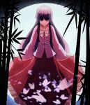  1girl bamboo bamboo_forest black_hair bow bowing bowtie bug butterfly closed_eyes collared_shirt floral_print forest frilled_skirt frills full_moon highres hime_cut houraisan_kaguya insect long_hair long_skirt long_sleeves moon moonlight nature pink_shirt rayasi red_skirt shirt skirt touhou white_bow white_neckwear wide_sleeves 