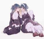  1boy 1girl alternate_hairstyle blue_eyes blue_hair butler byleth_(fire_emblem) byleth_(fire_emblem)_(female) byleth_(fire_emblem)_(male) crossdressing cupcake fire_emblem fire_emblem:_three_houses food highres holding long_sleeves looking_to_the_side maid maid_headdress mizuno_(iori-amu) open_mouth ponytail short_hair simple_background sitting white_background 