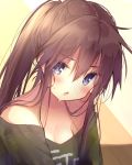  1girl blue_eyes blush breasts brown_hair cleavage eyebrows_visible_through_hair long_hair loose_clothes messy_hair original ponytail shirt sweat t-shirt usamata 