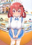  1girl bat_hair_ornament blurry blurry_background blush breasts cake closed_mouth cookie depth_of_field embarrassed eyebrows_visible_through_hair fang fang_out fisheye food gabriel_dropout hair_ornament hair_rings highres indoors koubeya_uniform kurumizawa_satanichia_mcdowell large_breasts long_hair maid_headdress nyaroon photo_background pie plaid purple_eyes red_hair short_hair skin_fang skirt solo standing sweatdrop thighhighs thighs white_legwear 