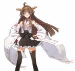  1girl ahoge bangs blue_eyes blush brown_hair brown_legwear detached_sleeves double_bun eyebrows_visible_through_hair frilled_skirt frills hands_on_hips headgear japanese_clothes kantai_collection kongou_(kantai_collection) long_hair long_sleeves nontraditional_miko ribbon-trimmed_sleeves ribbon_trim sidelocks simple_background skirt smile solo suzuka_(suzuka9111) thighhighs white_background wide_sleeves 