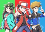  1girl 2boys adjusting_clothes adjusting_hat blue_(pokemon) blush brown_eyes brown_hair hat highres jacket jewelry long_hair looking_at_viewer mono_land multiple_boys necklace ookido_green pointing pointing_at_viewer pokemon pokemon_(game) pokemon_masters red_(pokemon) smile spiked_hair 