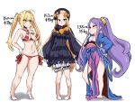  3girls abigail_williams_(fate/grand_order) ahoge bangs barefoot bikini blonde_hair blue_eyes blush bow breasts cleavage dress eyebrows_visible_through_hair fate/grand_order fate_(series) green_eyes hair_bow hand_on_hip hat height_difference highres kishin_tatu long_hair multiple_girls navel nero_claudius_(fate)_(all) nero_claudius_(swimsuit_caster)_(fate) open_mouth parted_bangs purple_eyes purple_hair simple_background sleeves_past_wrists solo swimsuit tiptoes twintails very_long_hair white_background wu_zetian_(fate/grand_order) 