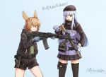  ak-74 animal_ears arknights artist_request assault_rifle beret bunny_ears chinese_commentary chinese_text closed_eyes commentary_request german_flag girls_frontline gloves gun h&amp;k_hk416 handgun hat highres hk416_(girls_frontline) holstered_weapon kroos_(arknights) pleated_skirt pointing rifle shorts skirt suppressor thighhighs training translation_request weapon 