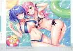  2girls absurdres ahoge ass azur_lane beach bikini black_bikini blue_bikini blue_hair blush breasts closed_mouth eyebrows_visible_through_hair front-tie_bikini front-tie_top green_eyes hair_between_eyes halterneck highres innertube large_breasts lying manjuu_(azur_lane) memphis_(azur_lane) multiple_girls navel o-ring o-ring_bikini official_art on_back one_side_up open_mouth partially_submerged pink_hair purple_eyes scrunchie side-tie_bikini silver15 skindentation smile st._louis_(azur_lane) swimsuit water wet wrist_scrunchie 