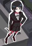  1girl black_hair blue_eyes breasts building d4ng4nn6bu12 dagger danganronpa formal freckles full_body ikusaba_mukuro jacket knife ribbon school_uniform shirt shoes short_hair skirt small_breasts standing suit swiss_army_knife weapon 