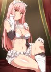  1girl bangs bare_shoulders blush boots bra breasts cleavage closed_mouth crop_top elbow_gloves fate/grand_order fate_(series) gloves hera_(hara0742) highres knee_boots knee_up large_breasts long_hair looking_at_viewer medb_(fate)_(all) medb_(fate/grand_order) pink_hair sitting skirt smile sweat thighs tiara underwear white_bra white_footwear white_gloves white_skirt yellow_eyes 