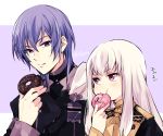  1boy 1girl closed_mouth doughnut eating fire_emblem fire_emblem:_three_houses food garreg_mach_monastery_uniform long_hair long_sleeves lysithea_von_ordelia naho_(pi988y) pink_eyes purple_eyes purple_hair short_hair simple_background twitter_username uniform upper_body white_hair yuri_(fire_emblem) 