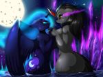  4:3 anthro crossgender cutie_mark digital_media_(artwork) duo equid eye_contact eyelashes female friendship_is_magic full_moon green_sclera hand_holding hi_res horn king_sombra_(mlp) looking_at_another mammal moon my_little_pony nightmare_moon_(mlp) nude partially_submerged red_eyes side_view suirano unicorn winged_unicorn wings 