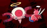  ... 1girl abstract_background cosplay dress fairy fairy_wings fake_halo highres kirby kirby_(series) kirby_64 looking_at_another magnemite paint pink_hair pokemon rariatto_(ganguri) red_background red_dress red_eyes red_ribbon ribbon ribbon_(kirby) spoken_ellipsis tape wings zero_two_(kirby) zero_two_(kirby)_(cosplay) 
