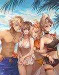  1boy 3girls abs beach bikini_skirt blonde_hair blue_eyes braid breasts brown_hair cleavage final_fantasy final_fantasy_x final_fantasy_x-2 flower green_eyes hair_flower hair_ornament heterochromia jewelry looking_at_viewer male_swimwear multiple_girls navel necklace paine_(ff10) red_eyes rikku sasanomesi silver_hair smile stomach swim_trunks swimwear tidus yuna_(ff10) 