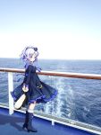  1girl absurdres anchor_symbol arms_behind_back blue_eyes boots commentary_request full_body hamster_(hanmster) hat highres huge_filesize lolita_fashion looking_at_viewer ocean purple_hair sigsbee_(warship_girls_r) sky smile solo standing stuffed_toy warship_girls_r water 
