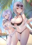  2girls azur_lane bangs beach bikini black_bikini blue_sky blush breasts character_doll cleavage collarbone dido_(azur_lane) earrings eyebrows_visible_through_hair eyewear_on_head food fruit hair_between_eyes hairband heart heart-shaped_eyewear jewelry large_breasts long_hair looking_at_viewer mujinbi multiple_girls navel o-ring o-ring_top ocean palm_tree pink_eyes red_eyes short_hair silver_hair sirius_(azur_lane) sirius_(midsummer_seirios)_(azur_lane) sky sunglasses swimsuit table tree underboob white_bikini white_hair 