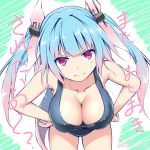  1girl blue_hair breasts cleavage dated frown gradient_hair hair_ribbon highres i-19_(kantai_collection) kantai_collection kuromayu large_breasts long_hair looking_at_viewer multicolored_hair one-piece_swimsuit purple_hair red_eyes ribbon school_swimsuit solo swimsuit tri_tails twitter_username 