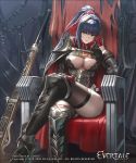  1girl armored_boots blue_hair boots breasts cape chair cleavage cleavage_cutout closed_mouth collar commentary_request crossed_legs cuboon evertale finger_to_head gloves green_eyes large_breasts leg_armor official_art red_gloves red_ribbon ribbon shoulder_armor sitting thighhighs thighs throne 