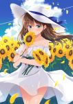  1girl bangs bare_shoulders blue_bow blue_sky bow breasts brown_hair cleavage cloud cloudy_sky commentary_request covered_mouth day dress eyebrows_visible_through_hair field floating_hair flower flower_field green_eyes hat hat_bow highres holding holding_flower komori_kuzuyu long_hair medium_breasts moe2020 object_hug off-shoulder_dress off_shoulder original outdoors petals sky solo standing sun_hat sunflower white_dress white_headwear 
