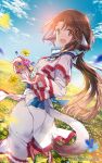  1girl ainu_clothes animal_ears black_hair blurry blurry_foreground blush breasts brown_eyes day depth_of_field dog_ears dog_tail eruruw feet_out_of_frame field flower highres holding holding_flower layered_sleeves long_hair long_sleeves looking_at_viewer looking_back official_art outdoors sidelocks sky smile solo star_(sky) starry_sky tail tiv utawareru_mono utawareru_mono:_lost_frag watermark yellow_flower 