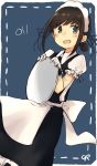  1girl :d alternate_costume apron black_hair blush enmaided eyebrows_visible_through_hair fubuki_(kantai_collection) gloves green_eyes highres holding holding_tray kantai_collection ma_rukan maid maid_apron maid_dress maid_headdress open_mouth puffy_short_sleeves puffy_sleeves short_hair short_ponytail short_sleeves signature smile solo tray white_apron white_gloves 