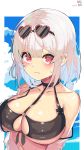  1girl azur_lane bikini black_bikini blue_sky blush breasts cleavage eyebrows_visible_through_hair eyewear_on_head hair_between_eyes hair_ornament heart heart-shaped_eyewear highres large_breasts looking_at_viewer o-ring o-ring_top red_eyes short_hair sirius_(azur_lane) sirius_(midsummer_seirios)_(azur_lane) sky solo sunglasses swimsuit team_moka water_drop white_hair 