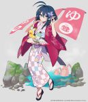  1girl ahoge bangs blue_eyes blue_hair blush bucket butterfly_hair_ornament floral_print full_body geta hair_ornament highres holding holding_bucket japanese_clothes kimono mochizuki_kei nail_polish official_art onsen onsen_symbol parted_lips pink_nails pointy_ears rena_lanford rubber_duck short_hair solo star_ocean star_ocean_anamnesis star_ocean_the_second_story towel yukata 