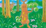  baba_yukiko black_eyes blue_sky closed_mouth cloud creature day flower forest gen_2_pokemon grass hiding nature no_humans official_art outdoors pokemon pokemon_(creature) pokemon_trading_card_game river sky smile standing sudowoodo third-party_source tree water 
