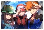  1girl 2boys adjusting_clothes adjusting_hat alternate_costume artist_name blue_(pokemon) blue_sky hat jacket jewelry long_hair looking_at_viewer meiji_ken multiple_boys necklace ookido_green pokemon pokemon_(game) pokemon_masters red_(pokemon) sky smile spiked_hair upper_body 