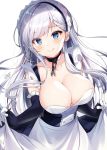  1girl apron apron_hold azur_lane bangs belfast_(azur_lane) black_dress blue_eyes blush braid breasts broken broken_chain chain cleavage closed_mouth collar collarbone commentary_request dress elbow_gloves eyebrows_visible_through_hair frilled_gloves frills gloves heart heart-shaped_pupils large_breasts long_hair looking_at_viewer maid maid_headdress nenobi_(nenorium) signature silver_hair sleeveless sleeveless_dress smile solo symbol-shaped_pupils waist_apron white_apron 