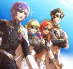  2boys 2girls balthus_(fire_emblem) belt blonde_hair blue_hairband brown_hair cape cbe39373 constance_von_nuvelle crossed_arms dark_skin earrings fan fire_emblem fire_emblem:_three_houses garreg_mach_monastery_uniform grin hairband hapi_(fire_emblem) highres holding jewelry long_sleeves midriff multicolored_hair multiple_boys multiple_girls navel parted_lips purple_hair red_hair short_hair smile sunglasses uniform yuri_(fire_emblem) 