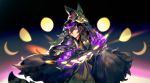 1boy arm_up bangs black_gloves black_hair character_request closed_mouth crescent fan fox_mask full_moon gloves hangleing holding holding_fan holding_mask japanese_clothes long_hair long_sleeves looking_at_viewer male_focus mask mask_on_head moon noh_mask onmyoji purple_eyes solo upper_body 