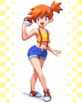  1girl :d breasts denim denim_shorts full_body holding holding_poke_ball kasumi_(pokemon) looking_at_viewer midriff open_mouth orange_hair pixel_art pixelflag poke_ball poke_ball_(generic) pokemon pokemon_(anime) pokemon_(classic_anime) shirt shoes short_hair shorts side_ponytail sleeveless sleeveless_shirt small_breasts smile sneakers standing suspenders yellow_shirt 