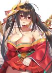  1girl absurdres ahoge azur_lane bare_shoulders black_hair blush breasts cleavage eyebrows_visible_through_hair google_(asdek18) hair_between_eyes hair_ornament highres huge_breasts japanese_clothes kimono large_breasts long_hair looking_at_viewer open_mouth red_eyes red_kimono simple_background smile solo taihou_(azur_lane) very_long_hair white_background 