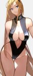  1girl 55level absurdres bangs bare_shoulders black_swimsuit blonde_hair blue_eyes breasts cleavage cleavage_cutout commentary_request hair_ornament hairband hairclip highleg highleg_swimsuit highres large_breasts lips long_hair looking_at_viewer original parted_lips simple_background smile solo swimsuit thighs turtleneck white_background 